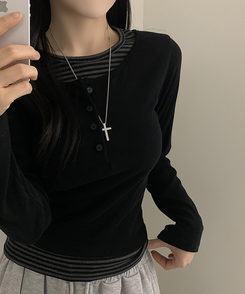 ボタンボーダーレイヤード長袖Tシャツ BLACK