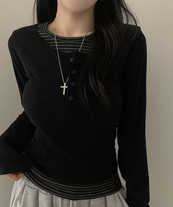 ボタンボーダーレイヤード長袖Tシャツ BLACK