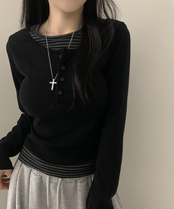 ボタンボーダーレイヤード長袖Tシャツ BLACK