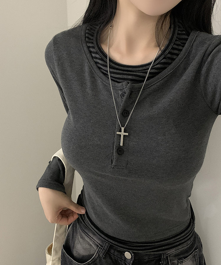 ボタンボーダーレイヤード長袖Tシャツ CHARCOAL