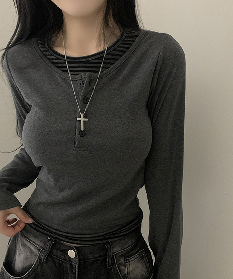 ボタンボーダーレイヤード長袖Tシャツ CHARCOAL