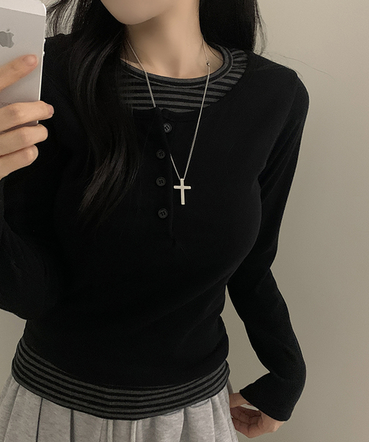ボタンボーダーレイヤード長袖Tシャツ BLACK