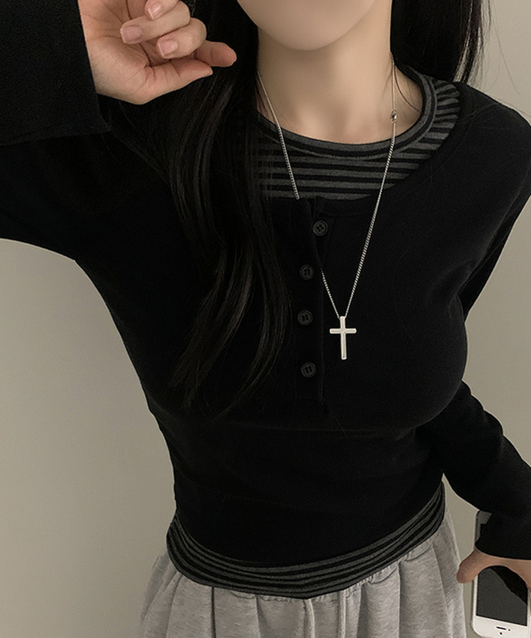 ボタンボーダーレイヤード長袖Tシャツ BLACK