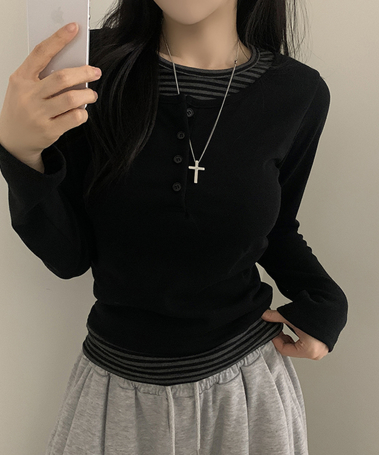 ボタンボーダーレイヤード長袖Tシャツ BLACK