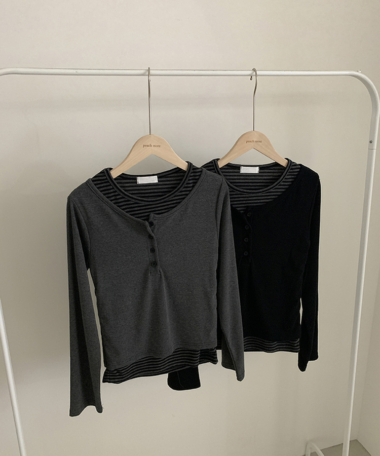 ボタンボーダーレイヤード長袖Tシャツ