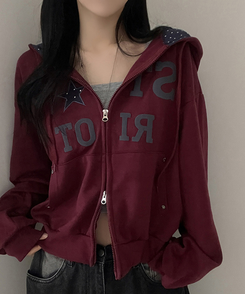 Y2Kスターレタリングジップアップパーカー WINE