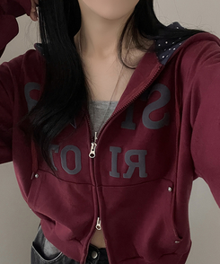 Y2Kスターレタリングジップアップパーカー WINE