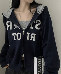 Y2Kスターレタリングジップアップパーカー DARK BLUE