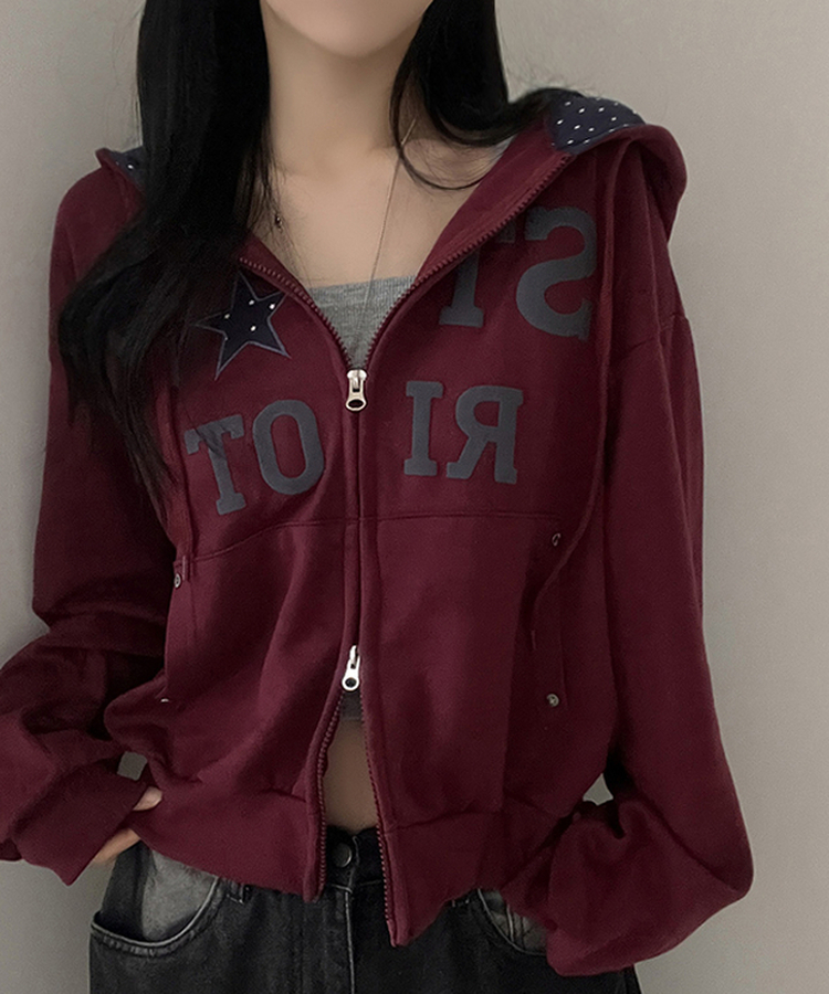 Y2Kスターレタリングジップアップパーカー WINE