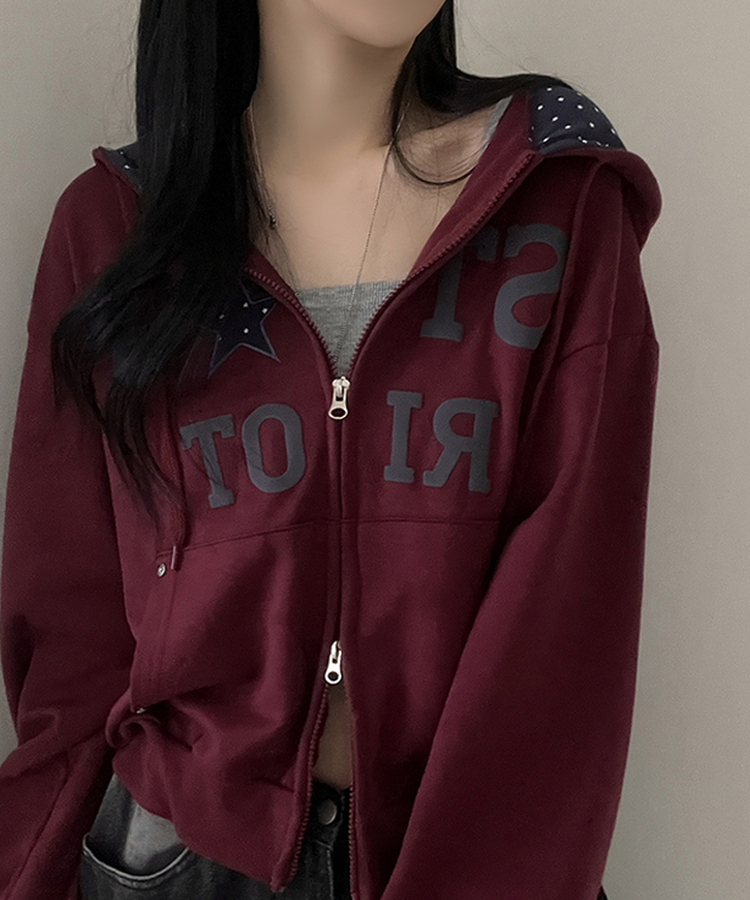 Y2Kスターレタリングジップアップパーカー WINE