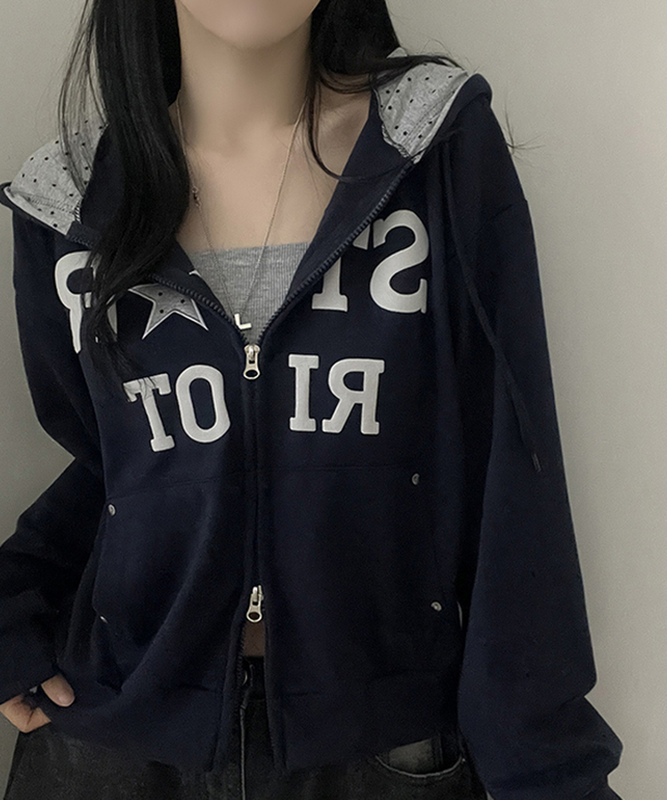 Y2Kスターレタリングジップアップパーカー DARK BLUE