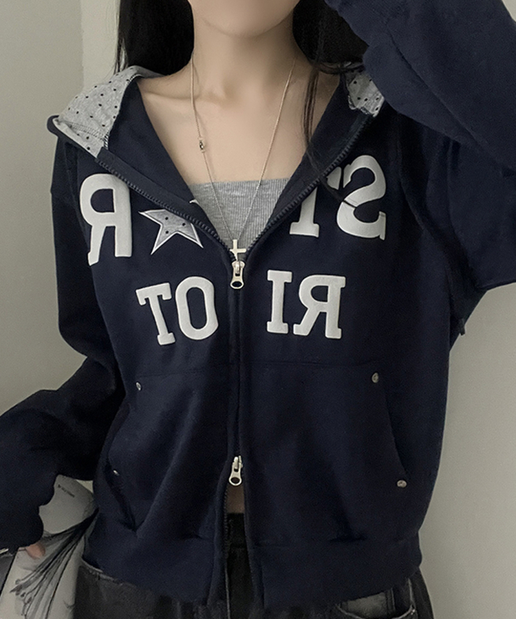 Y2Kスターレタリングジップアップパーカー DARK BLUE