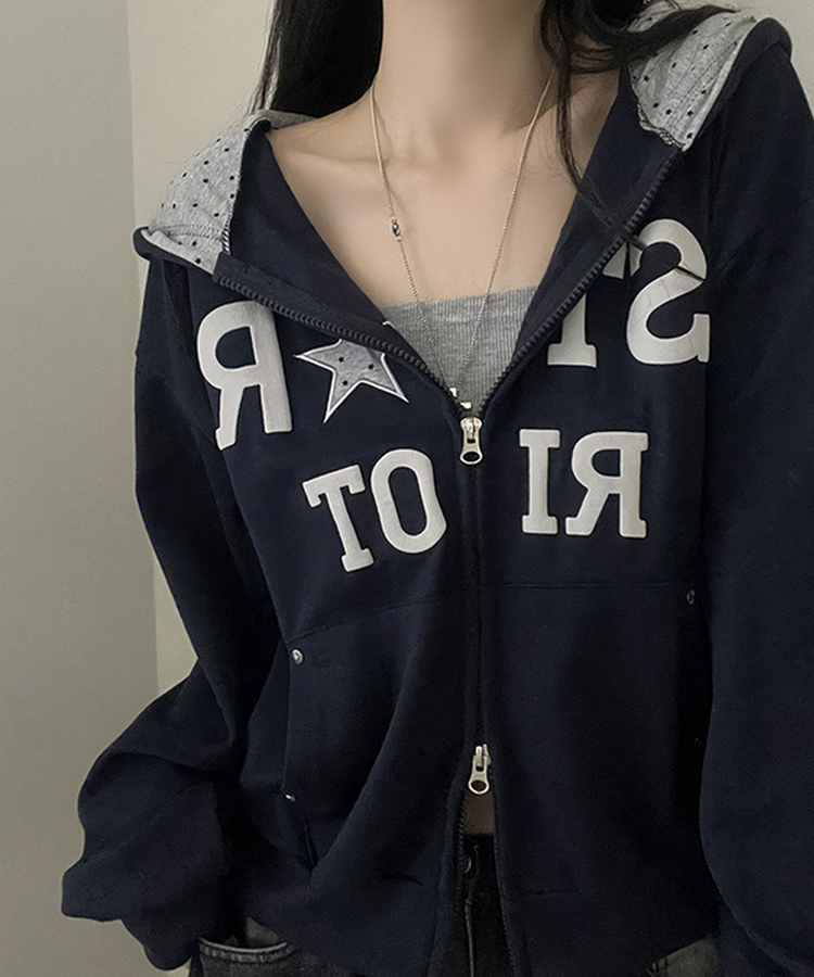 Y2Kスターレタリングジップアップパーカー DARK BLUE