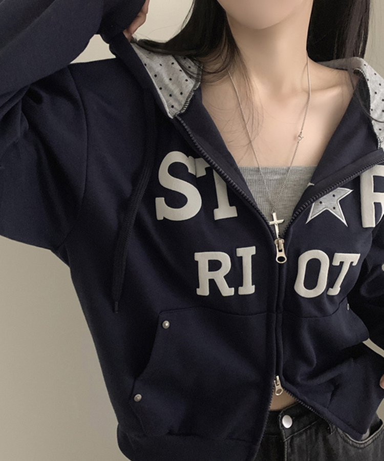 Y2Kスターレタリングジップアップパーカー DARK BLUE