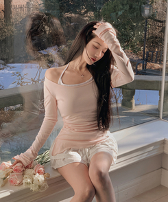 サイドシアリングスリットオフ長袖Tシャツ PINK