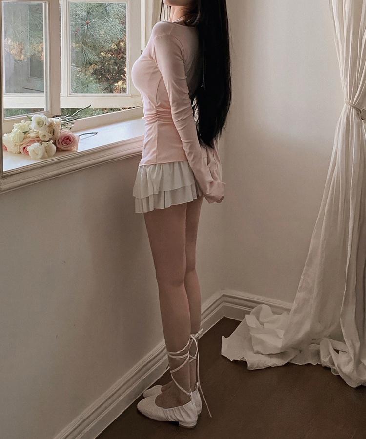 サイドシアリングスリットオフ長袖Tシャツ PINK