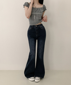 【丈別】ハイウエストセミブーツカットデニムパンツ(6color) DEEP DENIM