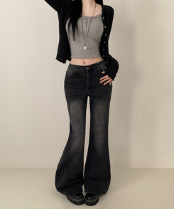 【丈別】ハイウエストセミブーツカットデニムパンツ(6color) BLACK DENIM