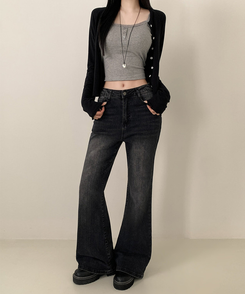 【丈別】ハイウエストセミブーツカットデニムパンツ(6color) BLACK DENIM