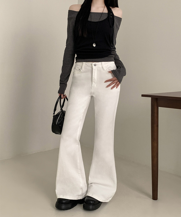 【丈別】ハイウエストセミブーツカットデニムパンツ(6color) WHITE