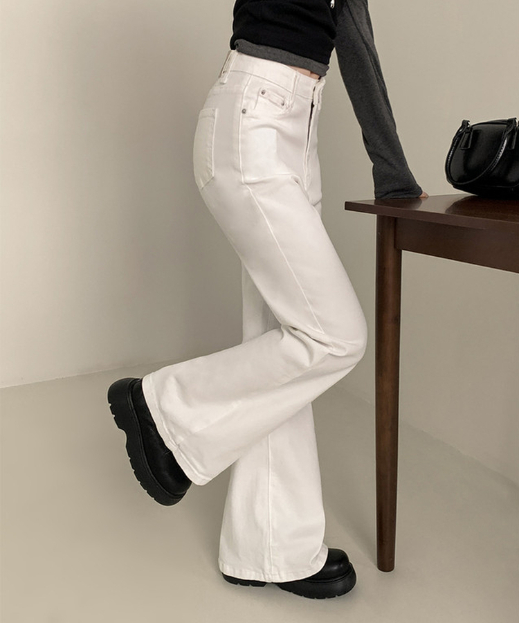 【丈別】ハイウエストセミブーツカットデニムパンツ(6color) WHITE