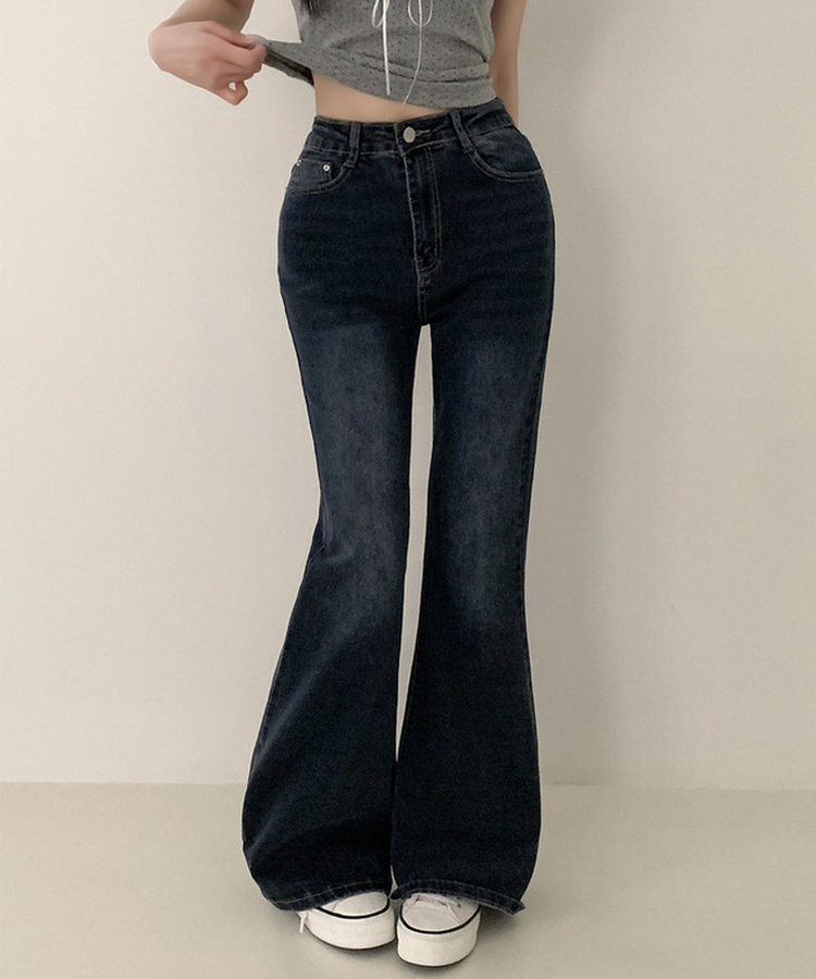 【丈別】ハイウエストセミブーツカットデニムパンツ(6color) DEEP DENIM