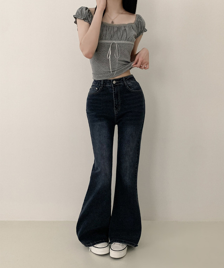 【丈別】ハイウエストセミブーツカットデニムパンツ(6color) DEEP DENIM