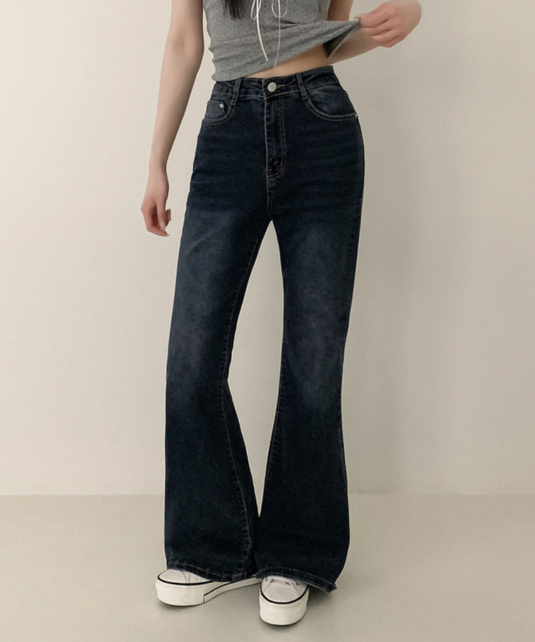 【丈別】ハイウエストセミブーツカットデニムパンツ(6color) DEEP DENIM