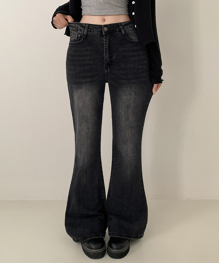 【丈別】ハイウエストセミブーツカットデニムパンツ(6color) BLACK DENIM