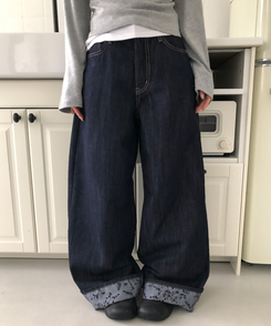 フラワーロールアップワイドデニムパンツ DARK BLUE