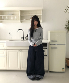 フラワーロールアップワイドデニムパンツ DARK BLUE