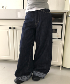 フラワーロールアップワイドデニムパンツ DARK BLUE