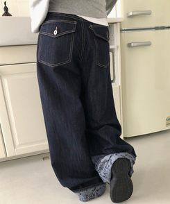 フラワーロールアップワイドデニムパンツ DARK BLUE