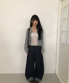 フラワーロールアップワイドデニムパンツ DARK BLUE