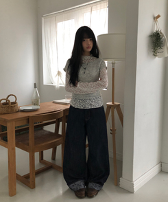 フラワーロールアップワイドデニムパンツ DARK BLUE