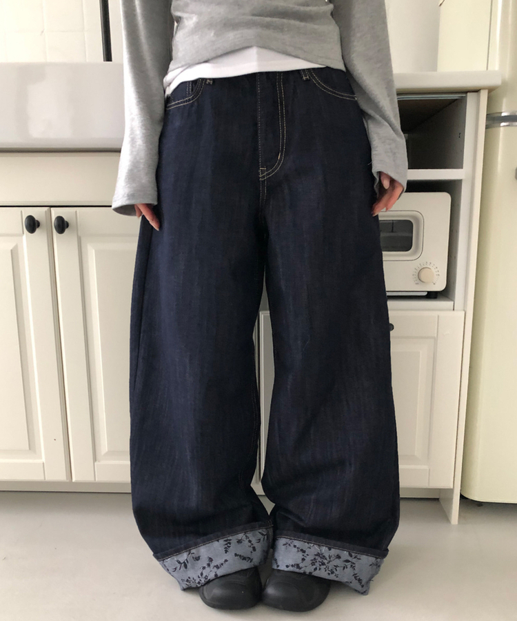 フラワーロールアップワイドデニムパンツ DARK BLUE