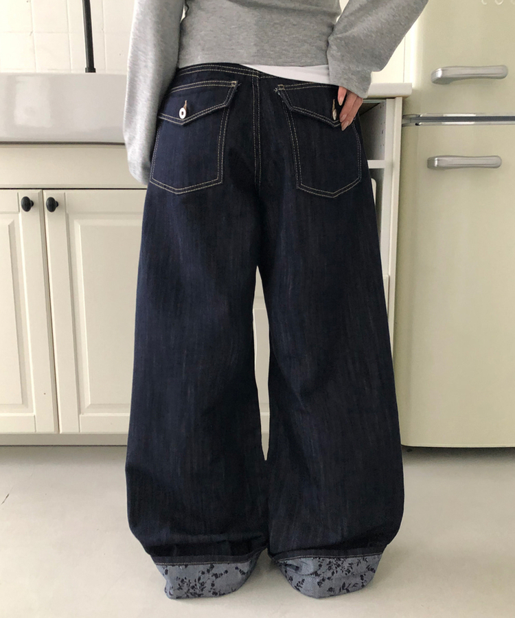 フラワーロールアップワイドデニムパンツ DARK BLUE