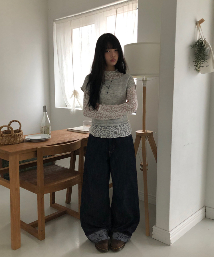 フラワーロールアップワイドデニムパンツ DARK BLUE