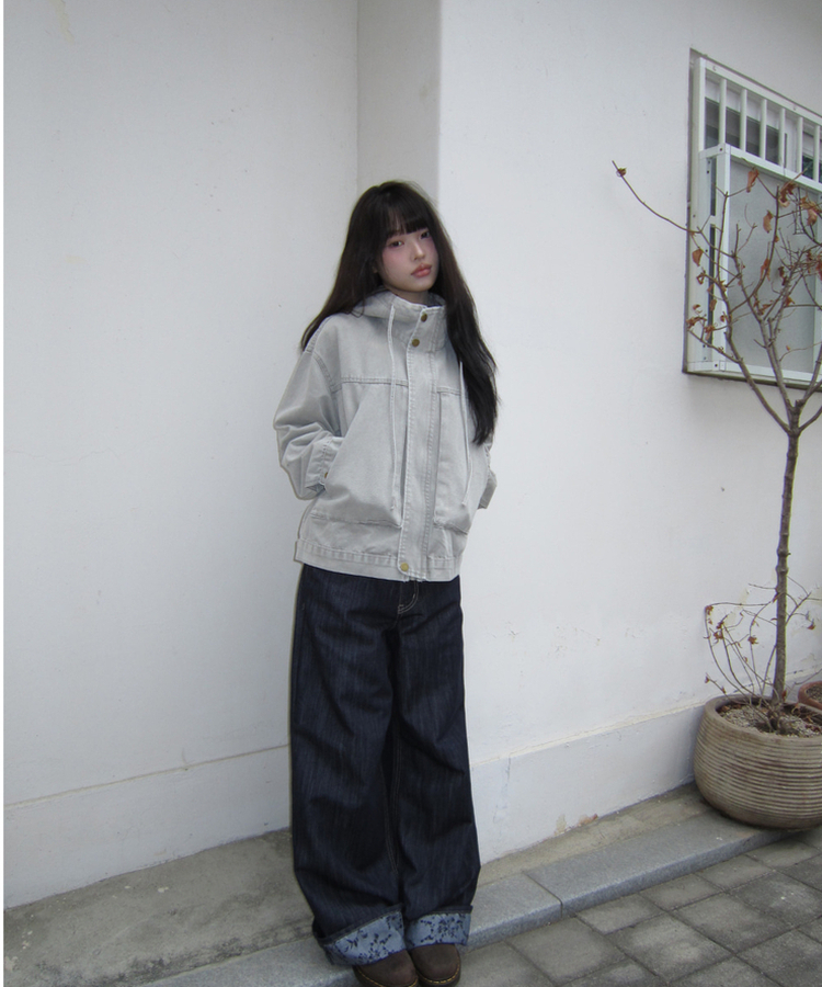 フラワーロールアップワイドデニムパンツ DARK BLUE