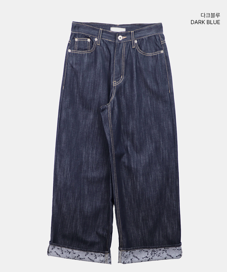 フラワーロールアップワイドデニムパンツ