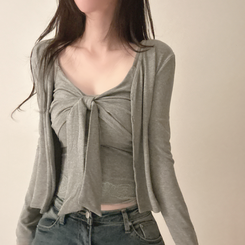 【SET】ビッグリボンキャミソール＋カーディガン GREY