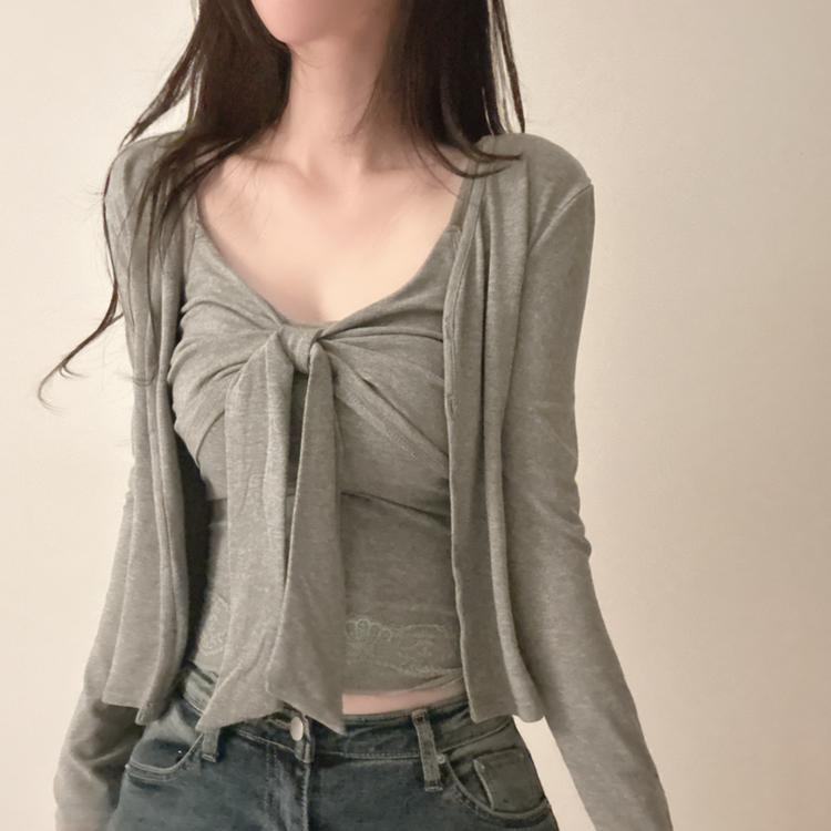 【SET】ビッグリボンキャミソール＋カーディガン GREY