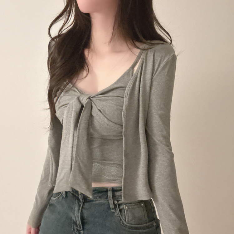 【SET】ビッグリボンキャミソール＋カーディガン GREY