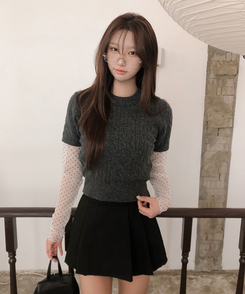 ケーブルラウンド半袖ニット(5color) CHARCOAL