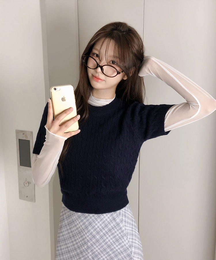 ケーブルラウンド半袖ニット(5color) NAVY