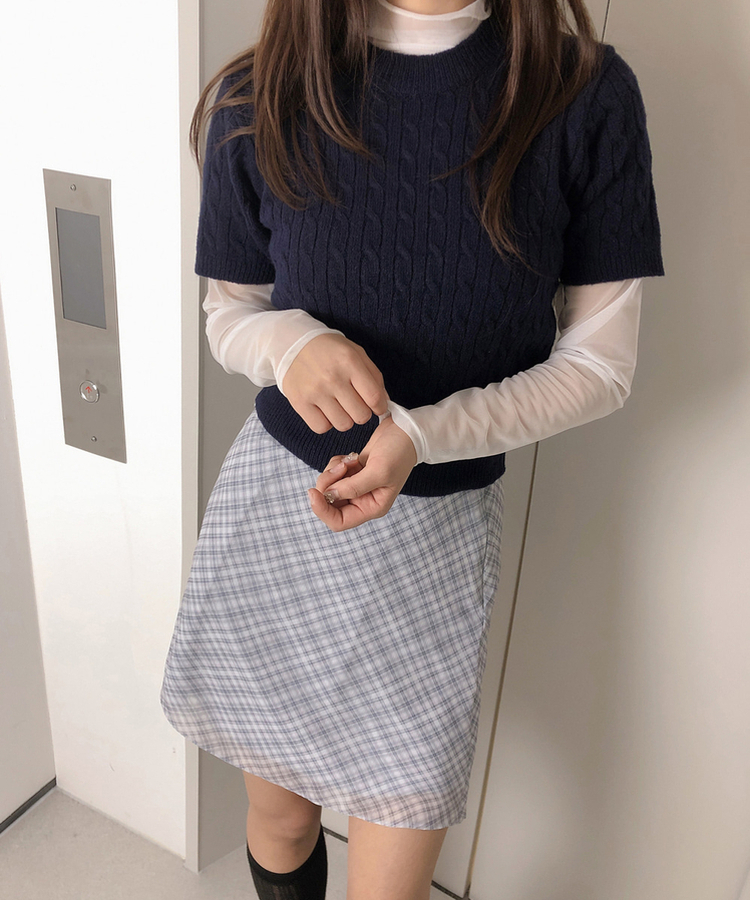 ケーブルラウンド半袖ニット(5color) NAVY