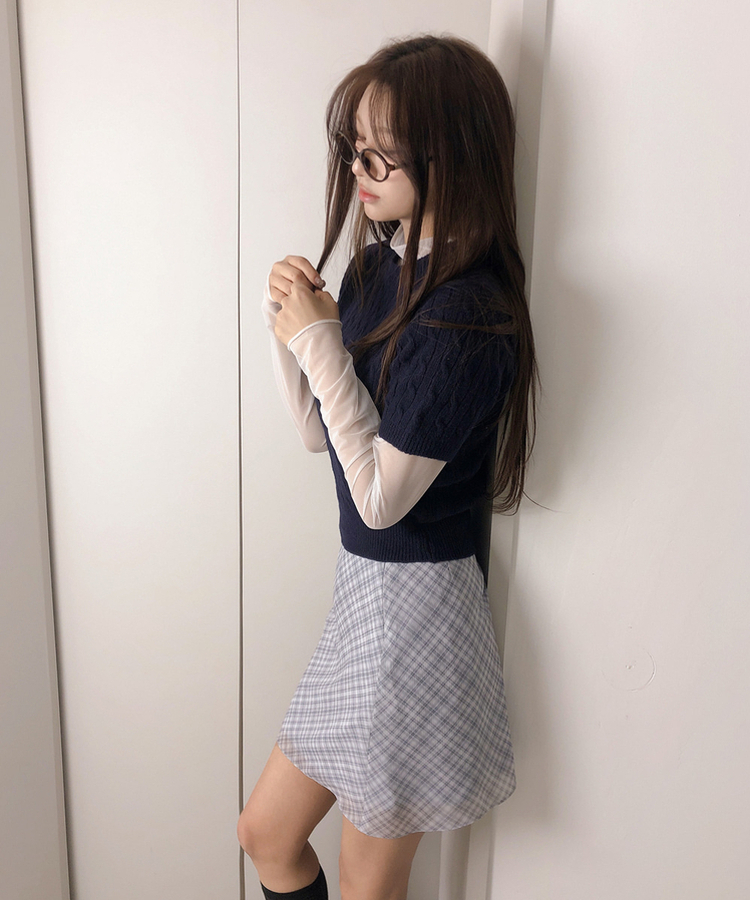 ケーブルラウンド半袖ニット(5color) NAVY