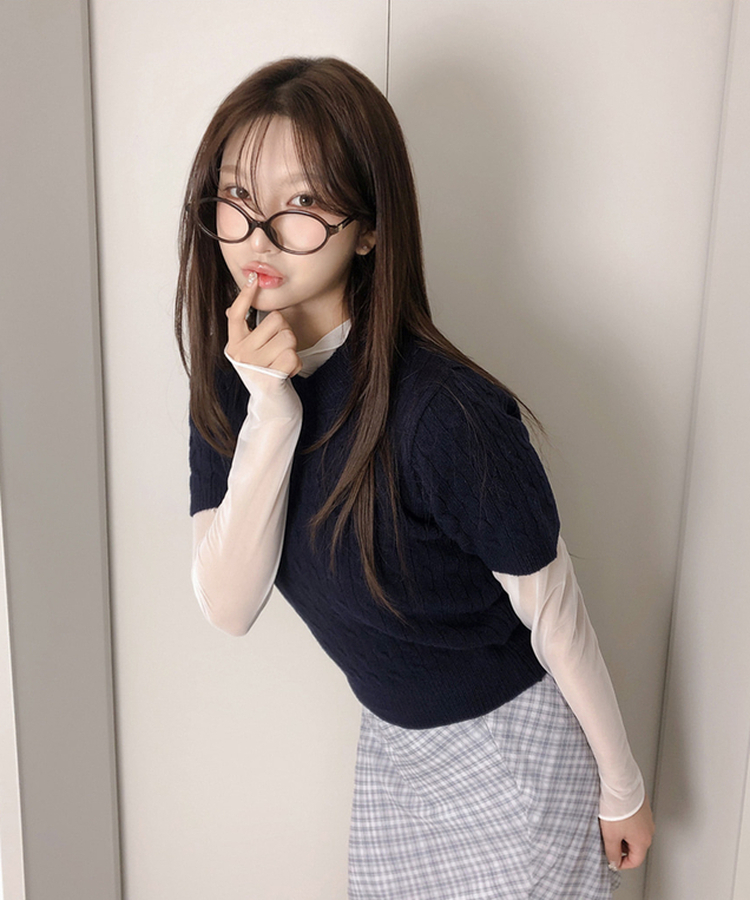 ケーブルラウンド半袖ニット(5color) NAVY