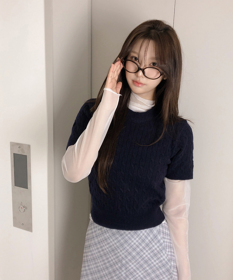 ケーブルラウンド半袖ニット(5color) NAVY