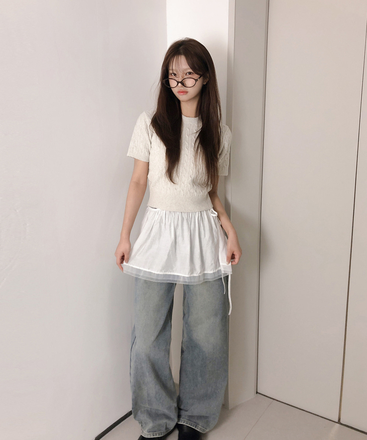 ケーブルラウンド半袖ニット(5color) BEIGE